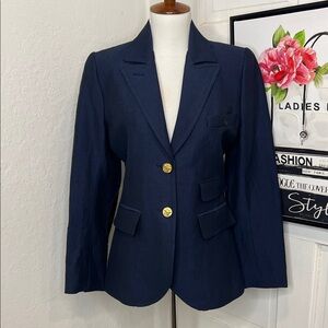 Smythe Navy Linen Blazer with Leather Elbow Patches Size 6